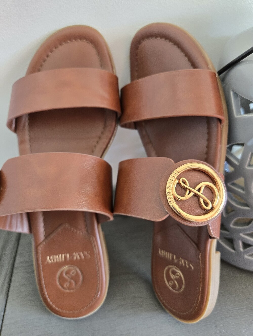 Sam&Libby Brown Leather Double-Strap Slide Sandals Sz 7.5 - Picture 4 of 5